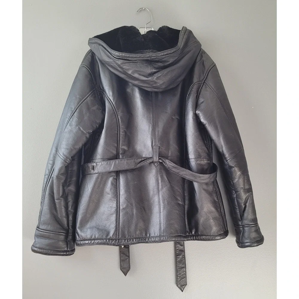 Wilsons Leather Women's Black Tie Waist Zipper Leather Faux Fur Coat Sz L W/Hood - Picture 9 of 14